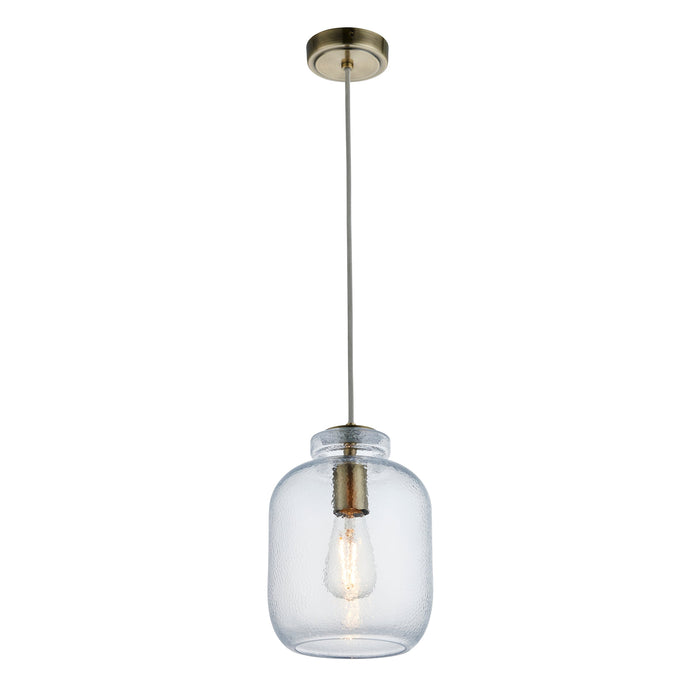 Endon 106923 Lyra 1lt Pendant Clear textured glass & antique brass plate 10W LED E27 (Required) - westbasedirect.com