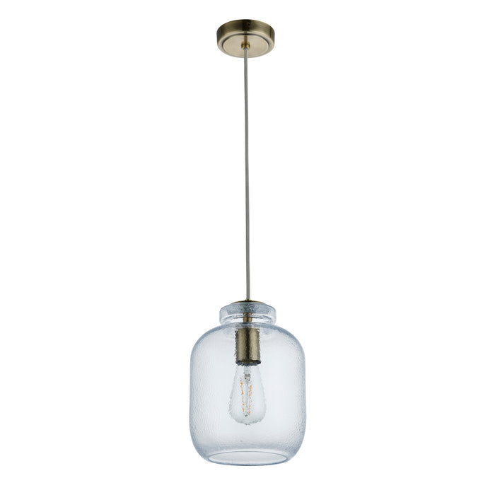 Endon 106923 Lyra 1lt Pendant Clear textured glass & antique brass plate 10W LED E27 (Required) - westbasedirect.com