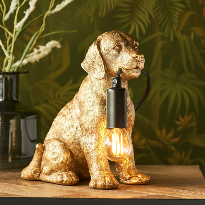 Endon 107364 Labrador Puppy Table Vintage gold paint & matt black 7W LED E14 (Required) - westbasedirect.com