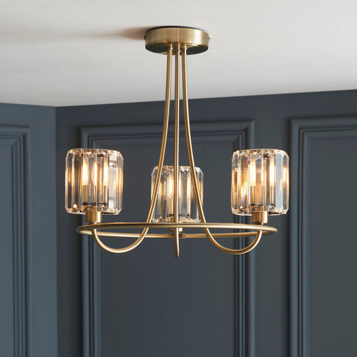 Endon 107801 Berenice 3lt Semi flush Antique brass plate & clear glass 3 x 6W LED E14 (Required) - westbasedirect.com