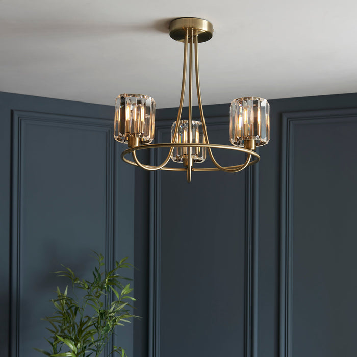 Endon 107801 Berenice 3lt Semi flush Antique brass plate & clear glass 3 x 6W LED E14 (Required) - westbasedirect.com