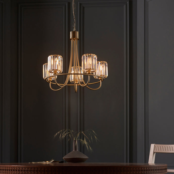 Endon 107802 Berenice 5lt Pendant Antique brass plate & clear glass 5 x 6W LED E14 (Required) - westbasedirect.com