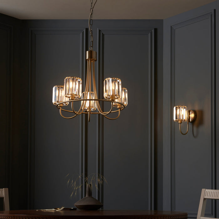 Endon 107802 Berenice 5lt Pendant Antique brass plate & clear glass 5 x 6W LED E14 (Required) - westbasedirect.com