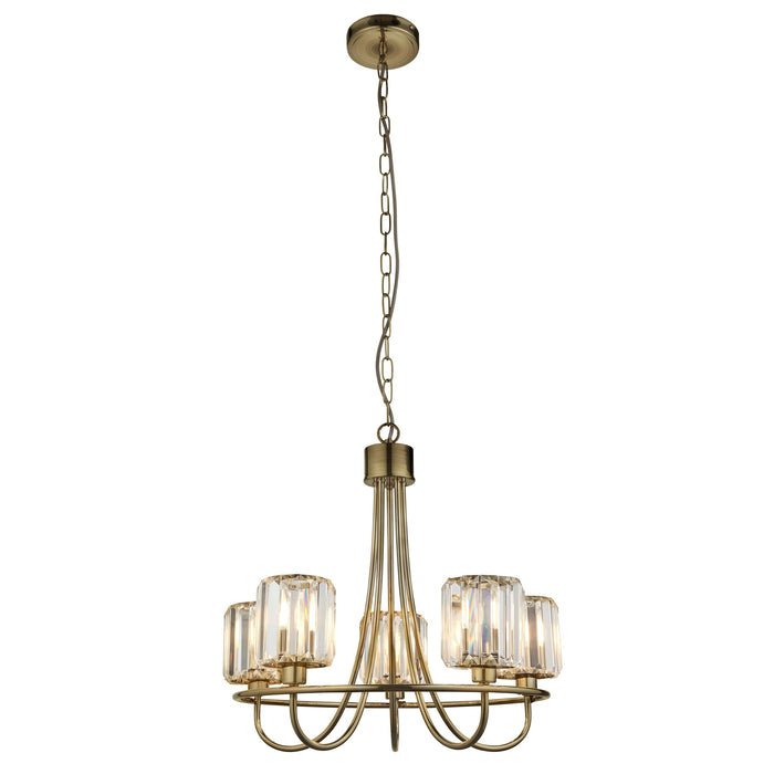 Endon 107802 Berenice 5lt Pendant Antique brass plate & clear glass 5 x 6W LED E14 (Required) - westbasedirect.com