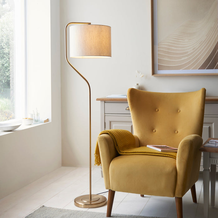 Endon 108022 Clement Floor Br aged brass plate & natural linen mix fabric 10W LED E27 (Required)