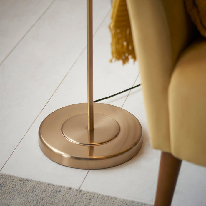 Endon 108022 Clement Floor Br aged brass plate & natural linen mix fabric 10W LED E27 (Required)