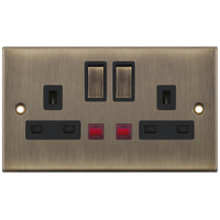 Selectric DSL624 5M 2 Gang 13A Switched DP Socket Outlet with Neon - Antique Brass, Black Insert