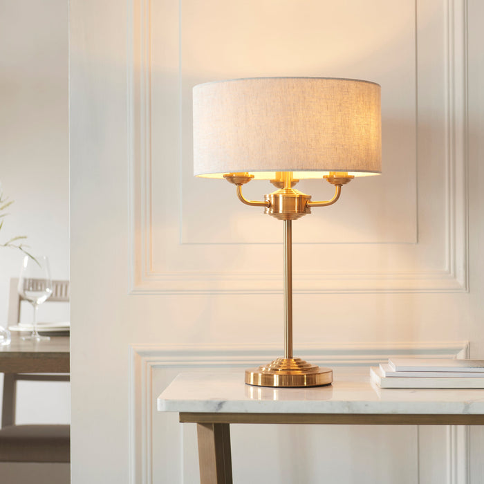 Endon 110721 Highclere 3lt Table Vintage brass & natural linen 3 x 7W LED E14 (Required)