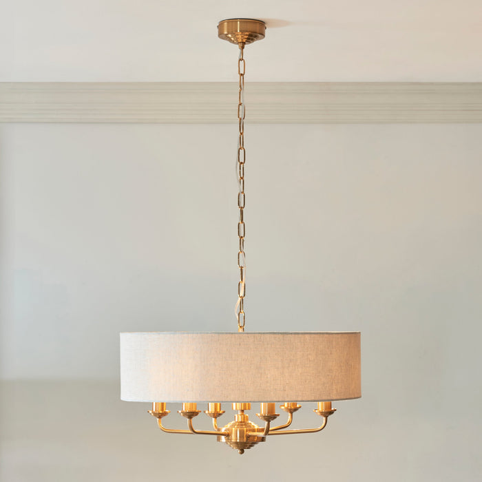 Endon 110722 Highclere 6lt Pendant Vintage brass & natural linen 6 x 6W LED E14 (Required)