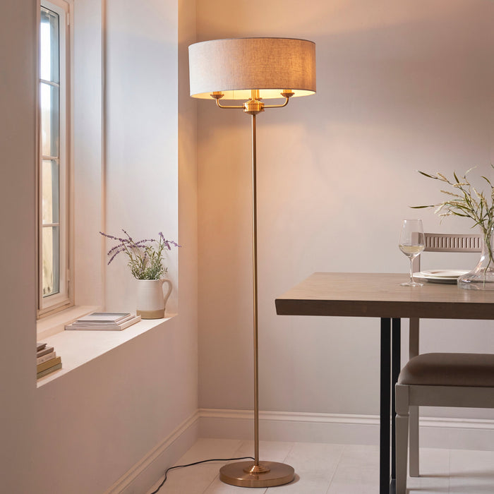 Endon 110724 Highclere 3lt Floor Vintage brass & natural linen 3 x 6W LED E14 (Required) - westbasedirect.com