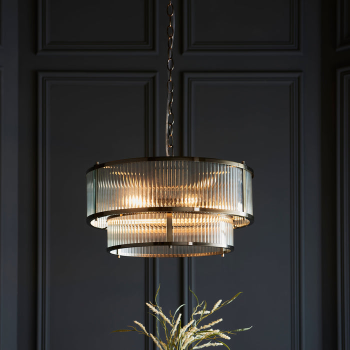 Endon 110944 Ridgeton 5lt Pendant Antique brass plate & clear ribbed glass 5 x 6W LED E14 (Required)