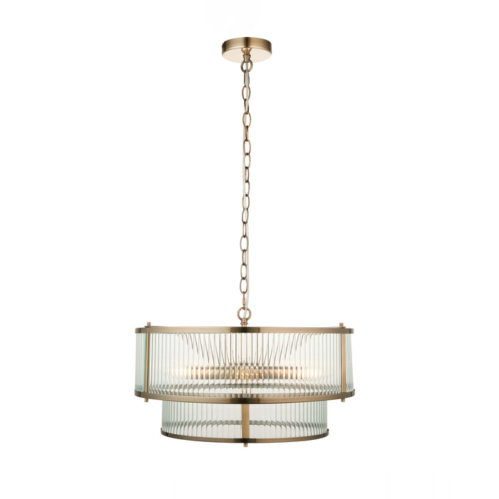 Endon 110944 Ridgeton 5lt Pendant Antique brass plate & clear ribbed glass 5 x 6W LED E14 (Required)