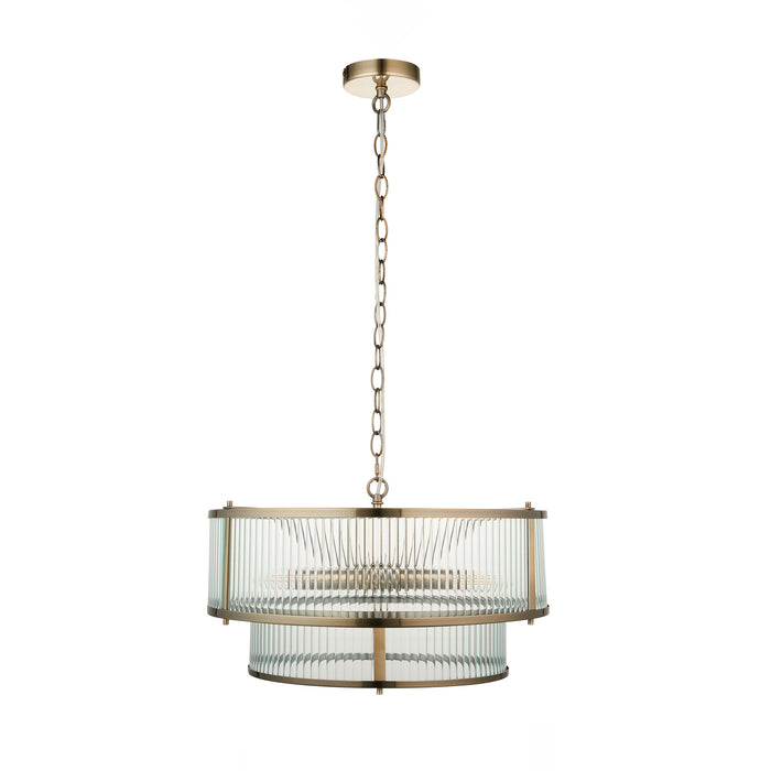 Endon 110944 Ridgeton 5lt Pendant Antique brass plate & clear ribbed glass 5 x 6W LED E14 (Required)