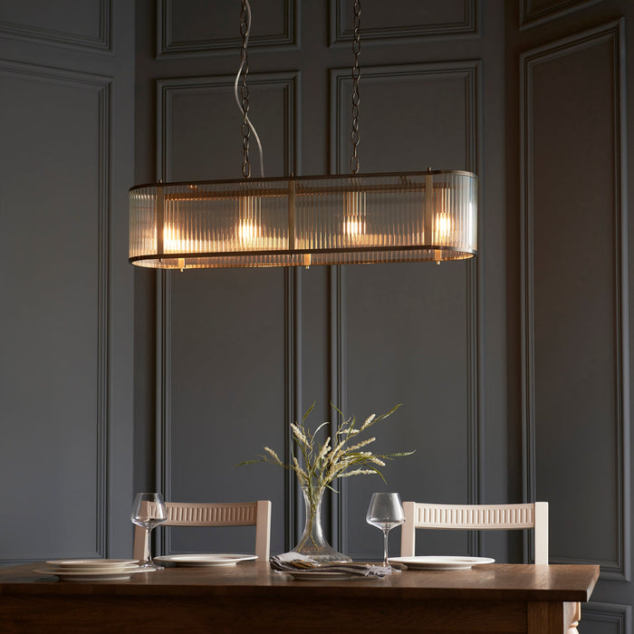Endon 110945 Ridgeton 4lt Linear Pendant Antique brass plate & clear ribbed glass 4 x 6W LED E14 (Required)