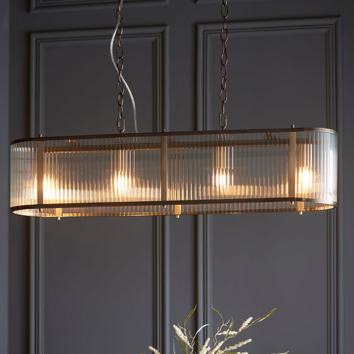 Endon 110945 Ridgeton 4lt Linear Pendant Antique brass plate & clear ribbed glass 4 x 6W LED E14 (Required)