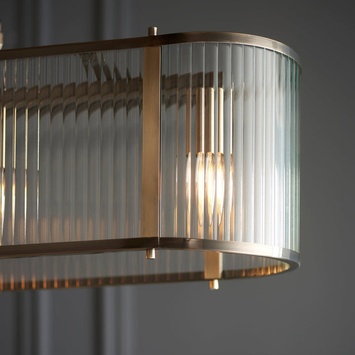 Endon 110945 Ridgeton 4lt Linear Pendant Antique brass plate & clear ribbed glass 4 x 6W LED E14 (Required)