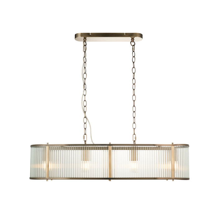 Endon 110945 Ridgeton 4lt Linear Pendant Antique brass plate & clear ribbed glass 4 x 6W LED E14 (Required)