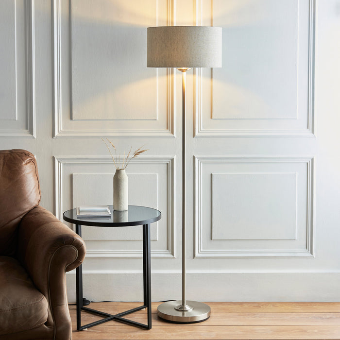 Endon 112232 Highclere Single Floor Brushed chrome plate & natural linen 10W LED E27 (Required)