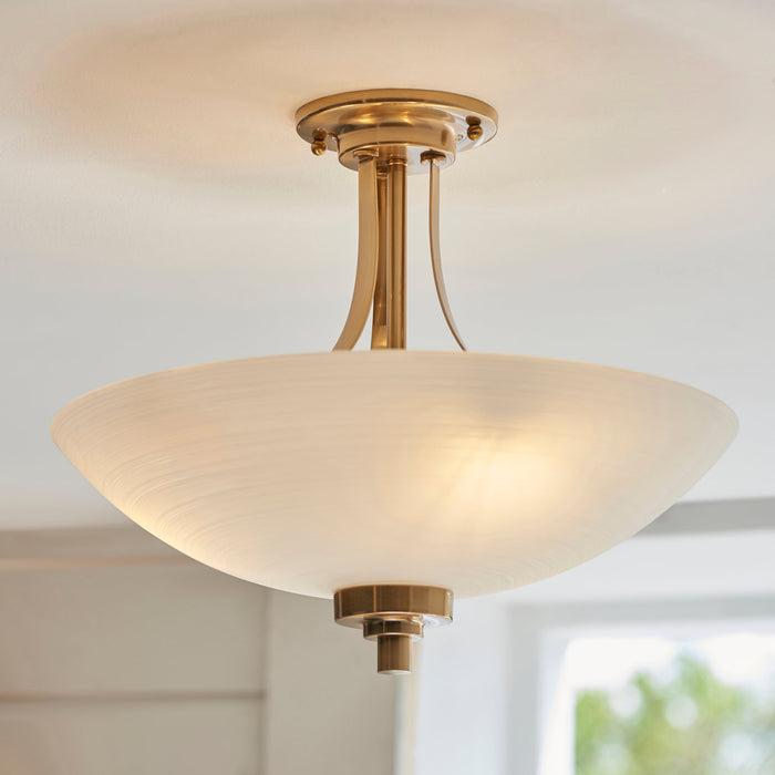Endon 112438 Welles 3lt Semi Flush Brushed aged brass plate & white glass 3 x 10W LED E27 (Required)