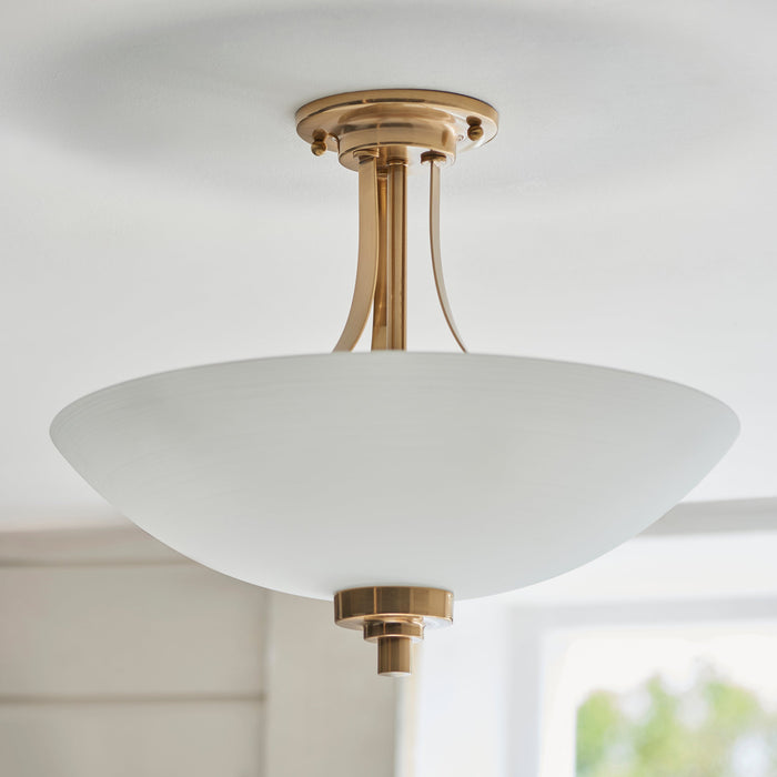 Endon 112438 Welles 3lt Semi Flush Brushed aged brass plate & white glass 3 x 10W LED E27 (Required)
