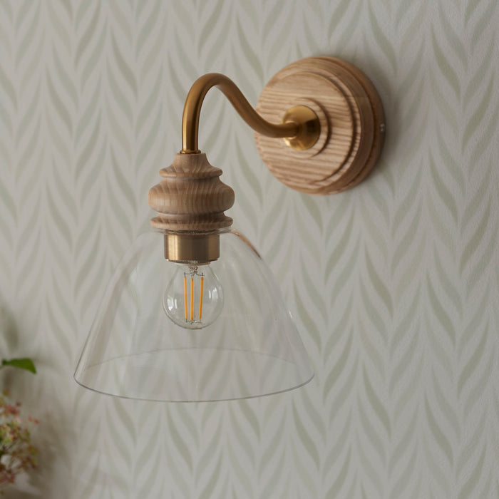 Endon 113371 Cotswold Wall Light Natural ash, brushed aged brass plate & clear glass  7W LED E14 (Required)