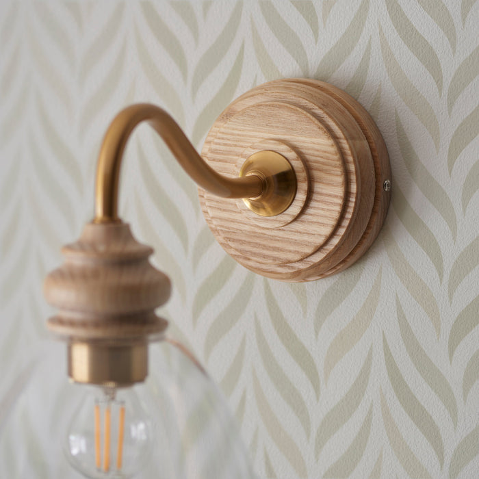 Endon 113371 Cotswold Wall Light Natural ash, brushed aged brass plate & clear glass  7W LED E14 (Required)