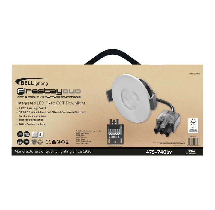 BELL 11377V2 4/6W Firestay Duo LED CCT Wattage Switchable Fixed Downlight - (11370V2) Contractor Pack (x10) - Includes White Bezel