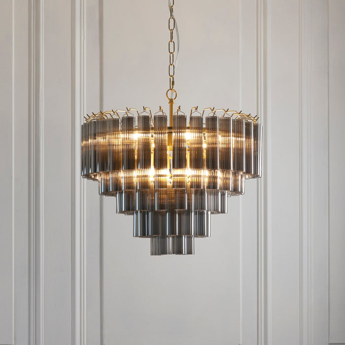 Endon 114197 Toulouse 12lt Pendant Satin brass plate & smokey grey lustre glass 12 x 3W LED G9 (Required)