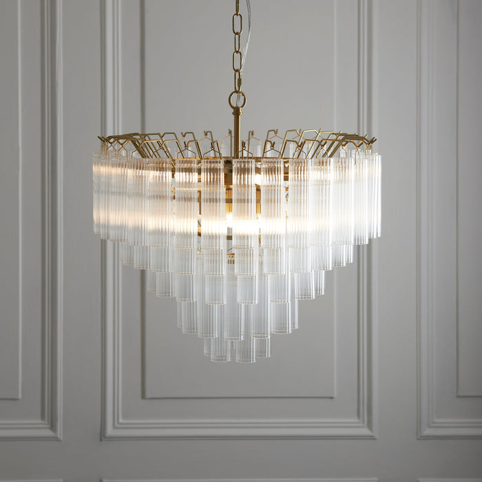 Endon 114199 Toulouse 12lt Pendant Satin brass plate & clear ribbed glass 12 x 3W LED G9 (Required)