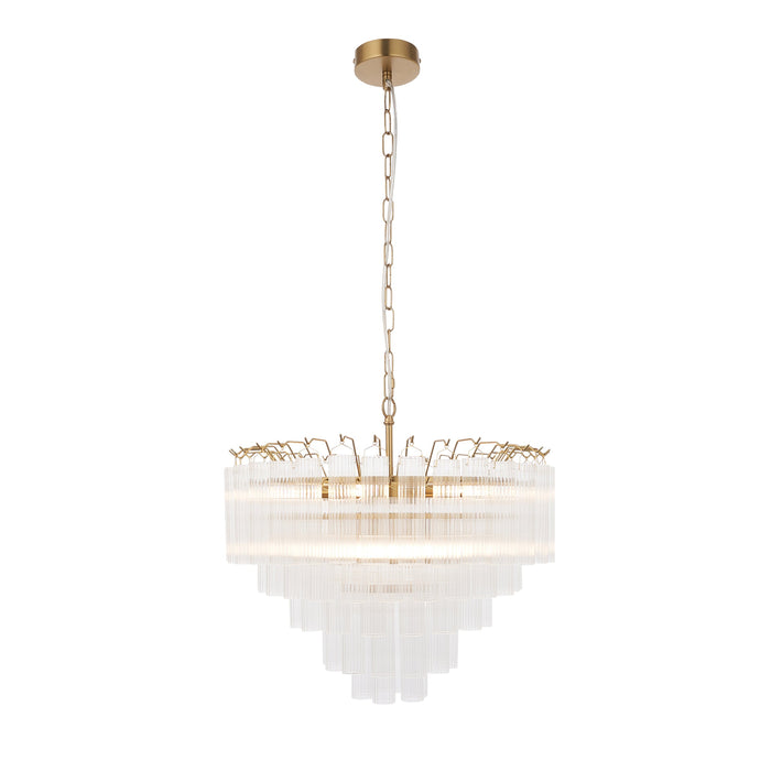 Endon 114199 Toulouse 12lt Pendant Satin brass plate & clear ribbed glass 12 x 3W LED G9 (Required)
