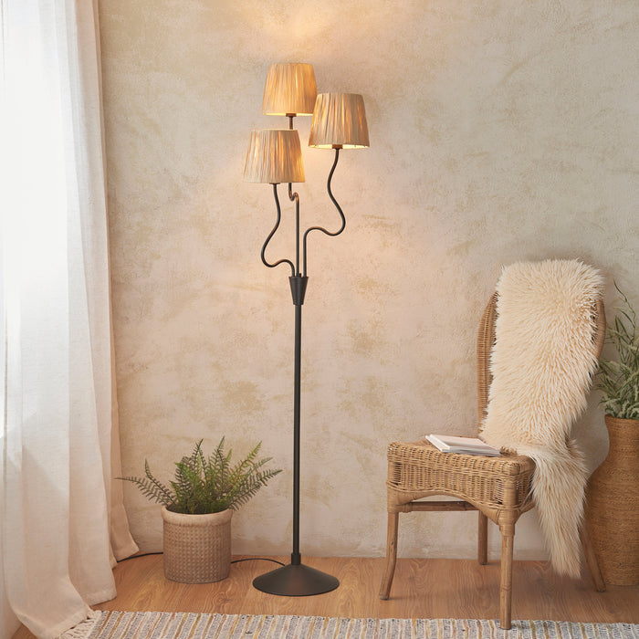 Endon 114221 Wriggle 3lt Floor Matt black & natural raffia 3 x 7W LED E14 (Required)