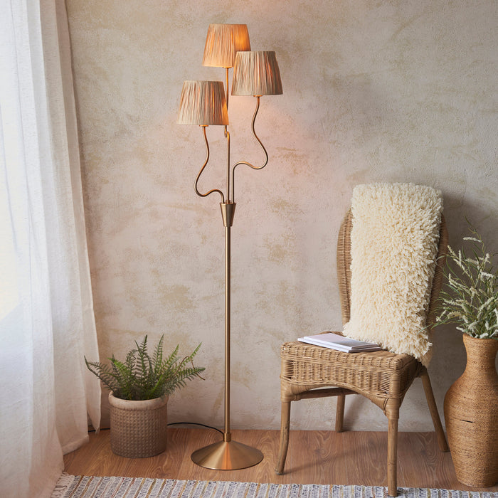 Endon 114222 Wriggle 3lt Floor Brushed aged brass plate & natural raffia 3 x 7W LED E14 (Required)