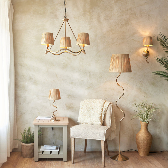 Endon 114222 Wriggle 3lt Floor Brushed aged brass plate & natural raffia 3 x 7W LED E14 (Required)