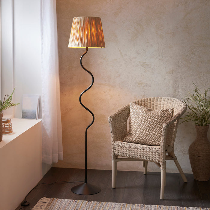 Endon 114223 Wriggle Floor Matt black & natural raffia 40W E27 GLS (Required)
