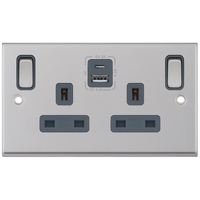Selectric 7MPRO-786 7M-PRO 2 Gang 13A Switched SP Socket Outlet (Outboard Rockers) + 2 Earth Terminal with 1x USB Type-A (2.4A) & 1x USB Type-C (3A) - Satin Chrome, Grey Insert