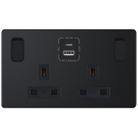 Selectric 5MPLUS-886 5M-PLUS Screwless 2 Gang 13A Switched SP Socket Outlet (Outboard Rockers) + 2 Earth Terminal with 1x USB Type-A (2.4A) & 1x USB Type-C (3A) - Matt Black, Black Insert