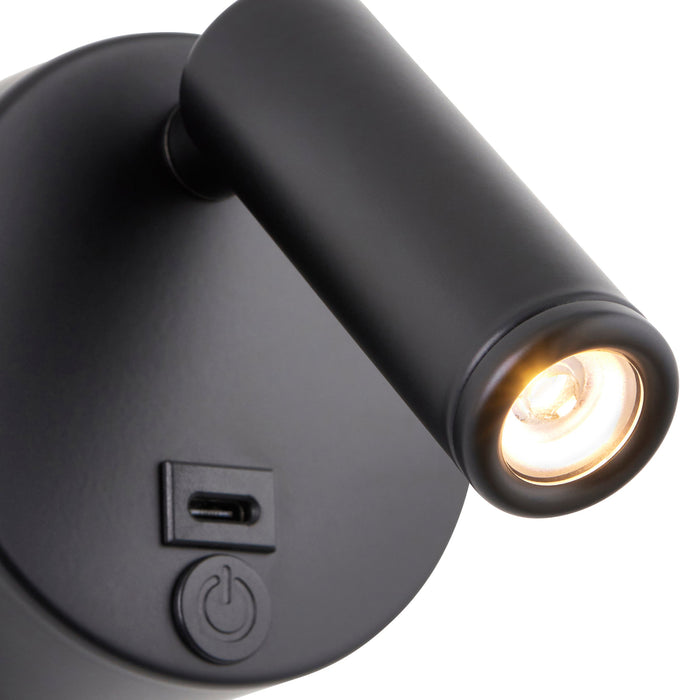 Saxby 120968 Lumos Mini 3W IP20 Adjustable LED Wall Light with USB C 3000K - Matt Black