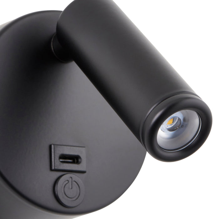 Saxby 120968 Lumos Mini 3W IP20 Adjustable LED Wall Light with USB C 3000K - Matt Black