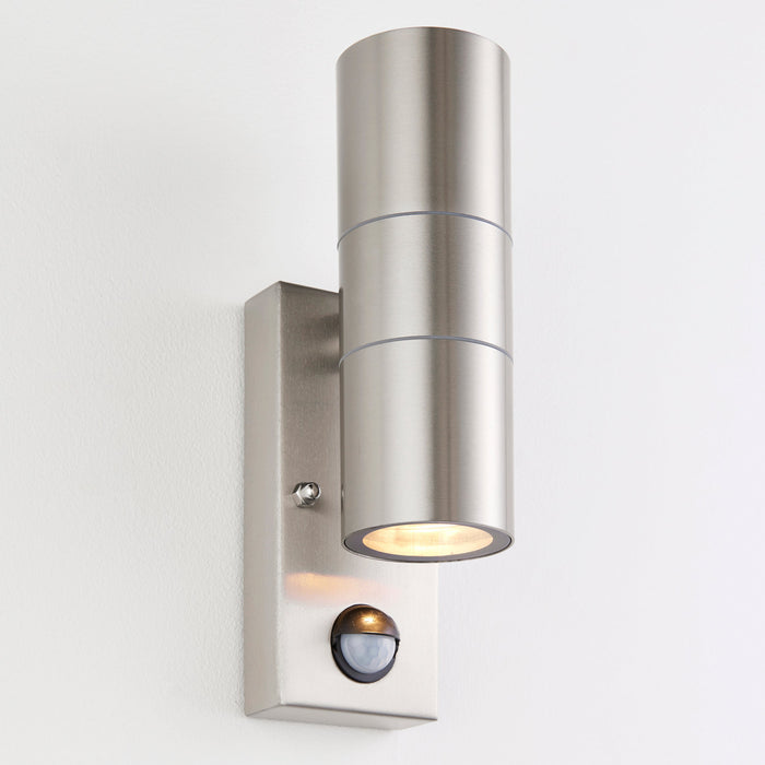 Saxby 121029 Scope GU10 IP65 Fixed Up/Down Wall Light with PIR & Photocell - Stainless Steel (Lamp Not Included)