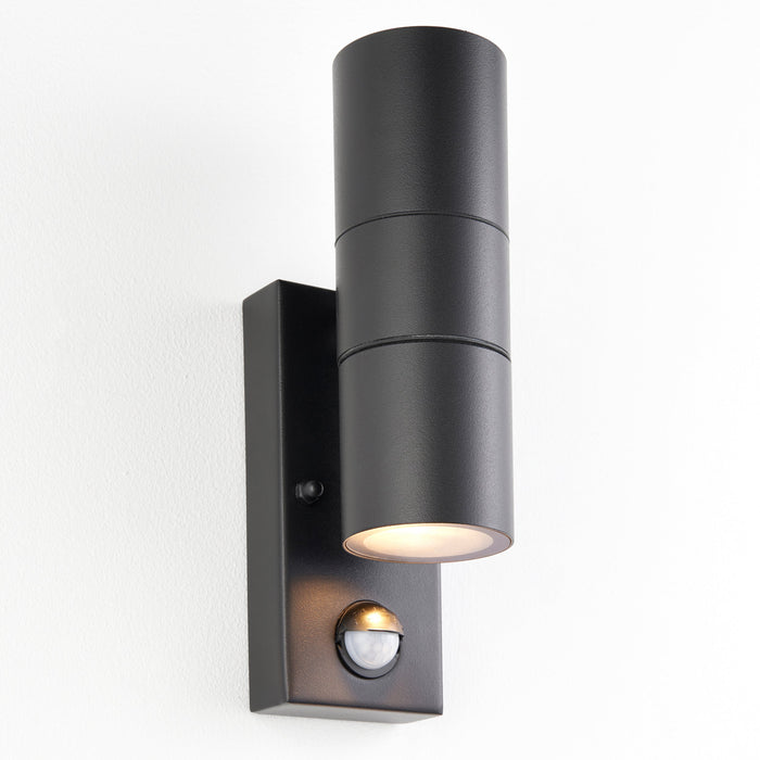 Saxby 121029 Scope GU10 IP65 Aluminium Fixed Up/Down Wall Light with PIR & Photocell - Matt Black (Lamp Not Included)