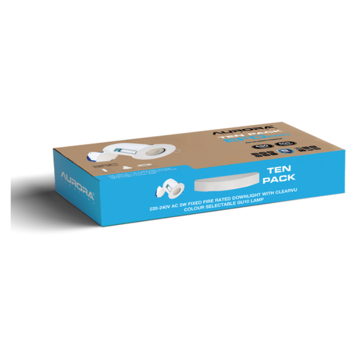 Aurora AU-DLM981CSWCP EFD Pro Fixed/IP Rated Fire Rated Downlight with White Bezel & GU10 ClearVu CCT Lamp Contracter 10 Pack