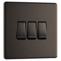 BG FBN43 Flatplate Screwless 20A 16AX 2 Way Triple Light Switch - Black Nickel