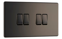 BG FBN44 Flatplate Screwless 20A 16AX 2 Way Quadruple Light Switch - Black Nickel