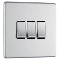 BG FBS43 Flatplate Screwless 20A 16AX 2 Way Triple Light Switch - Brushed Steel