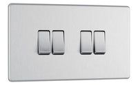 BG FBS44 Flatplate Screwless 20A 16AX 2 Way Quadruple Light Switch - Brushed Steel