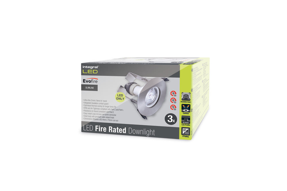 Integral ILDLFR70D004-3 Evofire Fire Rated Downlight 70mm Cutout IP65 Satin Nickel Round +GU10 Holder & Insulation Guard (3 Pack)
