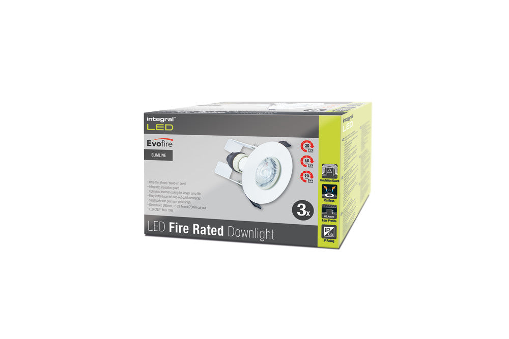 Integral ILDLFR70D003-3 Evofire Fire Rated Downlight 70mm Cutout IP65 White Round +GU10 Holder & Insulation Guard (3 Pack)