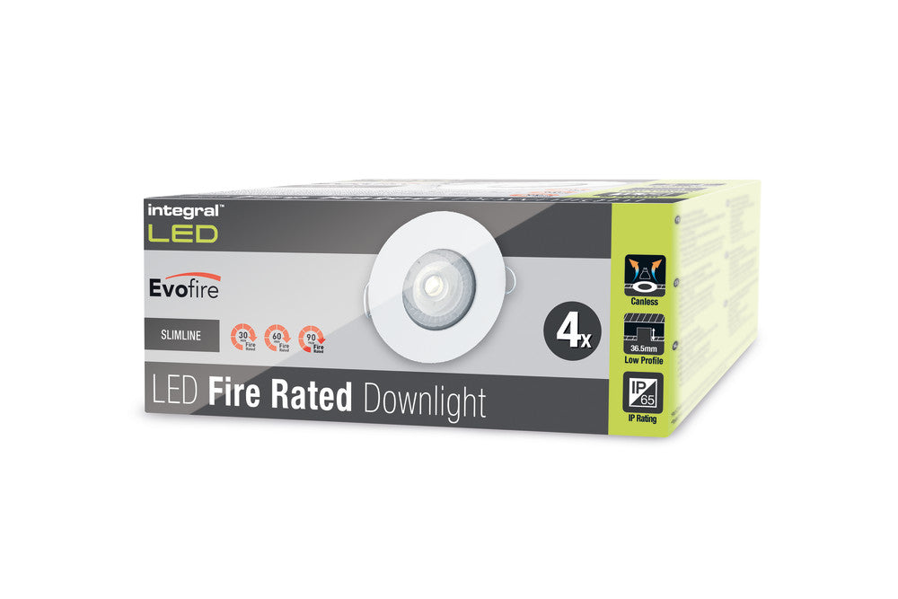 Integral ILDLFR70D001-4 Evofire Fire Rated Downlight 70mm Cutout IP65 White Round +GU10 Holder (4 Pack)