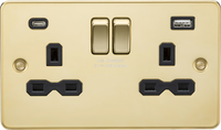 Knightsbridge FPR9940PB Flat Plate 13A 2G SP Switched Socket + 2xUSB A+C (5V DC 4.0A Shared) - Polished Brass + Black Insert