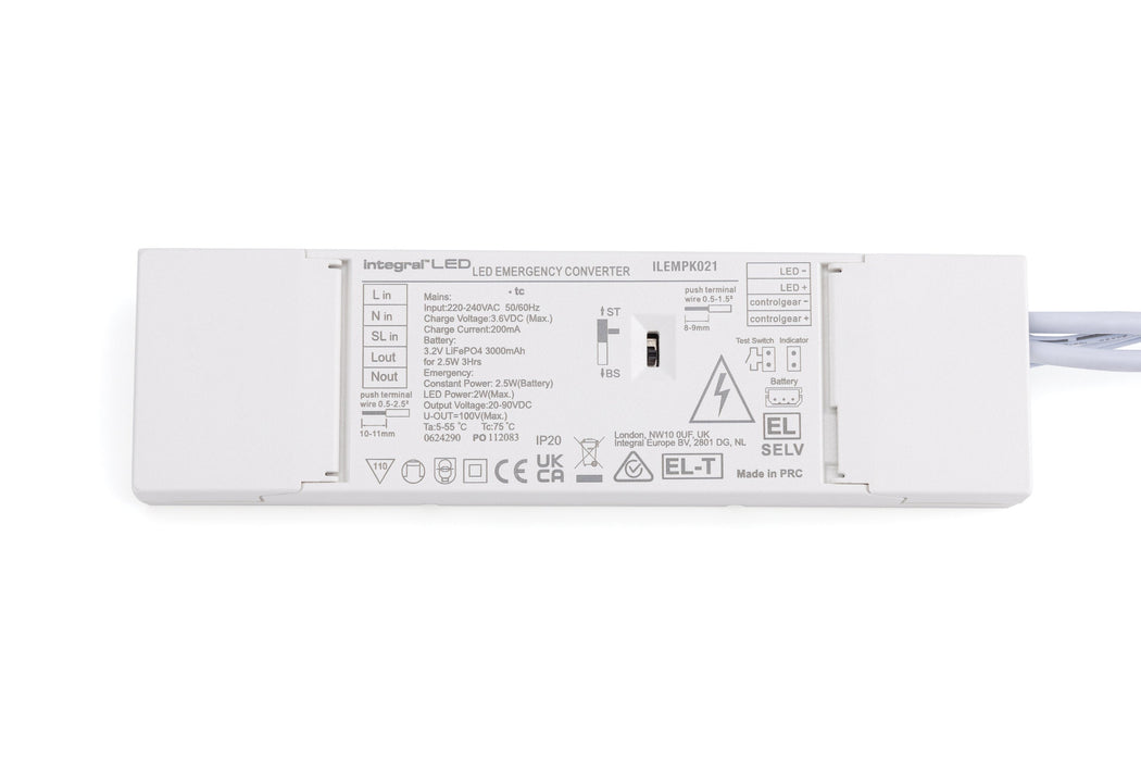 Integral ILEMPK021 Quick Fit Emergency Conversion Kit Manual/Self Test Switchable With Prewired Male-Female Quick Connectors 2.5W 20-90Vdc LiFePO4 3Hr with Remote LED Indicator